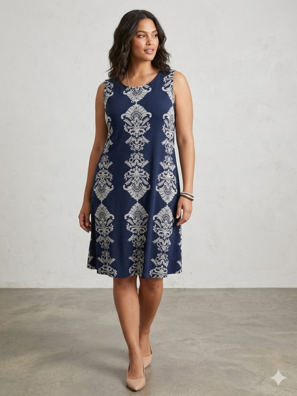 MSK Navy Blue Midi Dress with Cream Damask Pattern